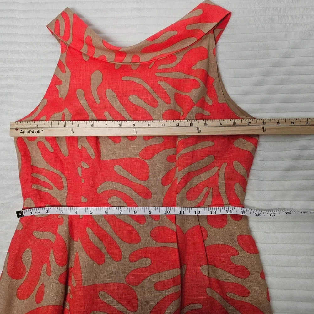 Donna Morgan Womens Linen Abstract Print Sheath Dress 8 Tan Coral Tropical Mod